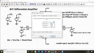 Transistorized differential amplifier simulation in LTspice  Estimation of IC VCE Ad and Zin [upl. by Boar]