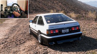 Drifting Takumi’s Toyota AE86 Trueno  Forza Horizon 5  Steering Wheel Gameplay [upl. by Soble261]