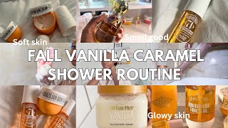 FALL SHOWER ROUTINE  vanilla caramel scented cozy scents hygiene routine🧋🍦🍨🕯️ [upl. by Starobin]