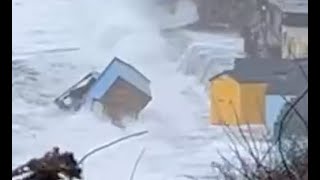 Beach Huts Swept Into Sea as Storm Pounds Cornwall [upl. by Nedgo]