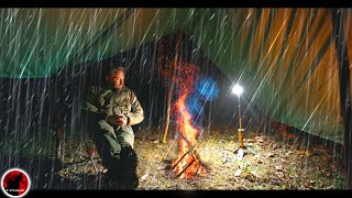 Down Pour  Covered Fire Camping in Heavy Rain  Thunderstorm Camping Adventure [upl. by Eelymmij]