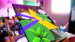 Simple Green Flowers Abstract Painting Demo With Acrylic Paint amp Masking tape Timelapse [upl. by Aicilak339]