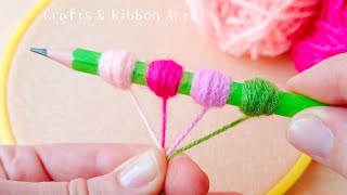 Super Easy Woolen Flower Making Trick Using Pencil  Hand Embroidery Amazing Flower Design [upl. by Lekim]