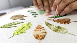 HAND EMBROIDERY FOR BEGINNERS 10 Types of Leaves [upl. by Howard]