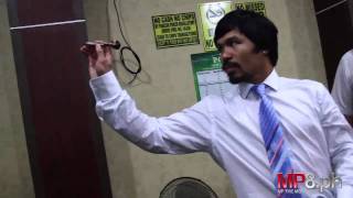 Manny Pacquiao  Tests out New MP Target Darts Line Plays Against Legendary Rod Harrington [upl. by Ahtnahc]