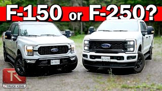 Ford F150 vs F250  HalfTon or HD We Compare Towing Payload MPG amp More [upl. by Ayian79]