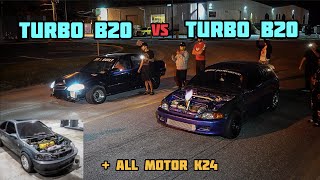 TURBO B20 EK 4DOOR VS TURBO B20 EF amp EG HATCH  ALL MOTOR K24 EK VS TURBO B20 EK HATCH  CFRACING [upl. by Ahsaele531]