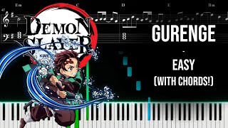 Demon Slayer op 1  Gurenge  EASY piano tutorial with CHORDS [upl. by Acihsay]