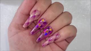 Purple Fall Nail Art TUTORIAL  Plaid and Encapsulated Maple leaves  press on nails [upl. by Gefell]