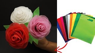 Shopping Bag Flower  How To Make Rose With Shopping Bag  Best Out of Waste [upl. by Aetnuahs369]