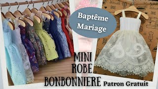 Live édité Tuto Couture et Patron Gratuit Petite Robe Bonbonnière Sac Dragées Baptême Fille [upl. by Essyla]