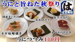 【はま寿司】11月6日から『うにと旨ねた秋祭り』でうにつつみが110円！かつおのたたき・まいたけ天ぷら・サーモンネギ味噌焼きなどフェアメニューを紹介 【回転寿司・レビュー】 [upl. by Lalitta]