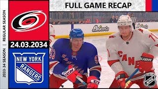 NHL 24  Carolina Hurricanes vs New York Rangers  Regular Season Game 75  24032034 [upl. by Ronal]