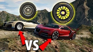 Qué es mejor llantas de carrera o todoterreno TEST en pavimento y montaña  GTA V Fisicas [upl. by Harwell]