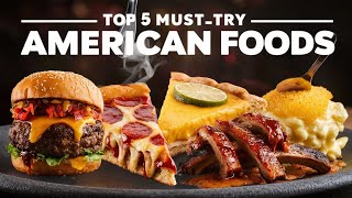 🎉 Top 5 Must Try American Food 🍔🍕🍗🍰  Top TenFive usafood food top10 [upl. by Monteith]