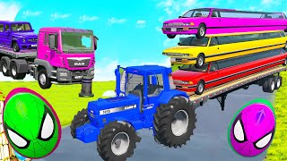 TRANSPORTING PIXAR CARS amp FRUITS WITH COLORED amp JOHN DEERE vs CLAAS vs TRACTORS  BeamNGdrive 962 [upl. by Ennahgiel]