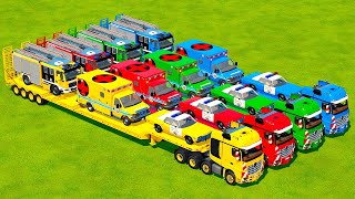 TRANSPORTING POLICE CARS AMBULANCE amp FIRE ENGINES WITH MERCEDES TRUCKS Farming Simulator 22 [upl. by Amehsat]