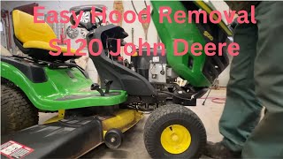 How To Remove a S 100 series Hood off a John Deere Lawn Tractor S100 S110 S120 S130 S140 [upl. by Enirak390]