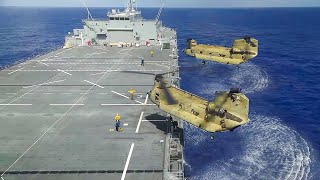 US Pilot Landing Powerful CH47 on Massive Sea Base in Middle of the Ocean [upl. by Anicnarf718]