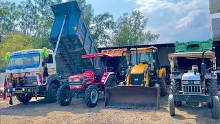 JCB 3dx  TATA Dump Truck  Mahindra Arjun NOVO 605 Eicher 285 with Loaded Stone in Trolley [upl. by Youngran]