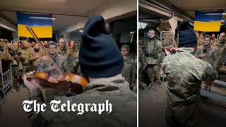 Ukrainian soldier plays national anthem on violin in symbol of hope in war against Russia [upl. by Htrahddis]