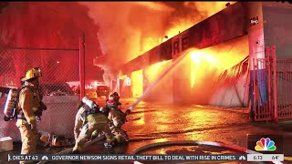 Canoga Park fire destroys auto body shop [upl. by Ahsim254]