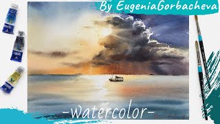 Watercolor Painting Short Lesson  Seascape Clouds and Sun  Акварель [upl. by Woodrow]