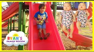 Ryan Twin Sisters First Time Outside Playground for Kids Family Fun Playing at the Park [upl. by Jann554]