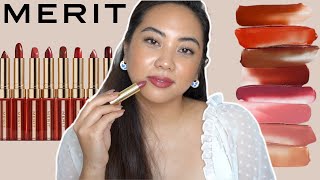 MERIT SIGNATURE LIGHTWEIGHT LIPS  REVIEW DEMO AND SWATCHES [upl. by Zacks580]