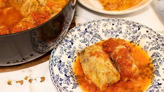 Greek Cabbage Rolls in Tomato Sauce Lahanodolmades [upl. by Iznil]