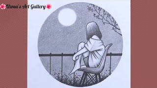 How to draw a girl in moonlight night  pencil circle drawing of scenerydrawing of girl [upl. by Mariko659]