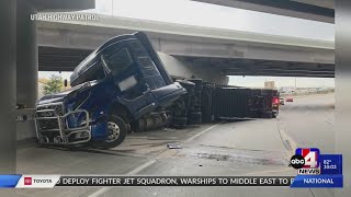 ROAD CLOSURE Semitruck rollover blocks ramp at I15 SB I80 EB [upl. by Yelkao]