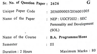 Personality and DevelopmentSOL BA progBA Hons 3rd Semester question paper [upl. by Yecnay]