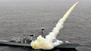 Royal Navy Type 23 Frigate HMS Montrose F236 Fires Harpoon AntiShip Missiles [upl. by Ennovy]