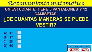 145 RAZONAMIENTO MATEMÁTICO UN ESTUDIANTE TIENE 5 PANTALONES Y 12 CAMISETAS ¿DE CUÁNTAS MANERAS [upl. by Masuh]