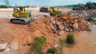 Ultimately Land Reclamation Construction Processing Bulldozer Pushing Rock Stone Leveling The Ground [upl. by Elleinwad]