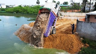 OMG 5ton truck accident almost overturned while unloading dirt help back by KOMATSU D31P dozer [upl. by Deste680]