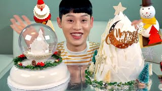 ASMR 화이트 크리스마스 케이크🎄화이트무스 화이트초콜릿 케이크 먹방 White Christmas Cakes White Chocolate White Mousse MuKbang [upl. by Noedig]