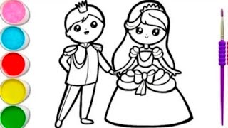 Cute Bride amp Groom Drawing Painting Colouring for kids Toddlers  How to draw Bride amp Groom easy [upl. by Anned]