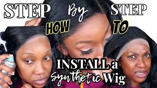 STEP BY STEP‼️ HOW TO INSTALL A SYNTHETIC LACE FRONT WIG WITHOUT GLUE TUTORIAL FOR Beginners [upl. by England]