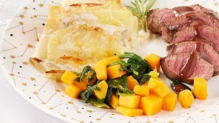 Recette Médaillon de biche gratin de chicons et étuvée de Butternut – Colruyt [upl. by Oniluap]