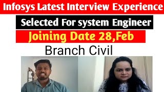 Latest infosys interview experience  Civil branch Infosys system engineer interview questionsjob [upl. by Trilbie]