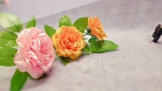 Rose flower making tutorial in satincloth beautiful Roseflower in golden and rose colour making [upl. by Lemkul860]