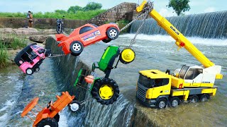 New Bugatti Car Auto Rickshaw Mahindra HMT Tractor Accident River Pulling Out Crane Truck CS Toy [upl. by Nalloh]