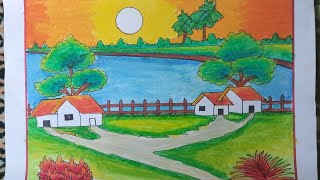 How to draw a landscape village scenery drawing by oil pestle ✅✅ [upl. by Kcuhc]