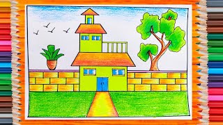 House Drawing EasyHow To Draw Simple House Drawing step by stepHouse scenery drawing easy house [upl. by Lipps]