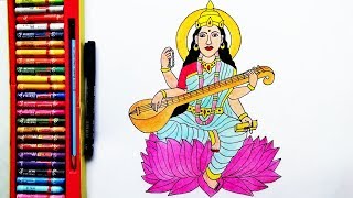 How to Draw Saraswati Mata Easy  Saraswati Devi Drawing  by Drawing Art [upl. by Drarehs]