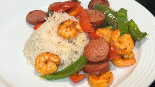 Quick amp Easy 5 Minute Bell Pepper Shrimp amp Sausage Stir Fry  MUST TRY [upl. by Oruntha]