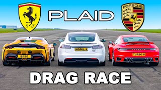 Tesla Model S PLAID v Ferrari SF90 v Porsche 911 Turbo S DRAG RACE [upl. by Tsirc704]