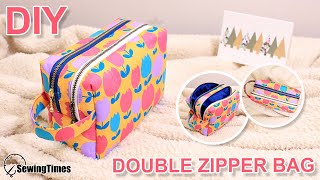 DIY DOUBLE ZIPPER POUCH BAG  TWO Zipper Box Pouch Tutorial sewingtimes [upl. by Paulina]